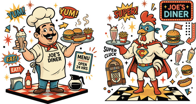 Retro vintage diner restaurant vector illustration set featuring friendly chef mascot superhero chicken burgers milkshakes and jukebox