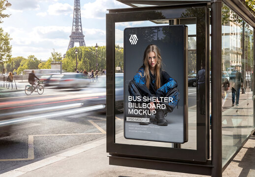 Billboard Bus Shelter In Paris City Mockup with View on Eiffel Tower
