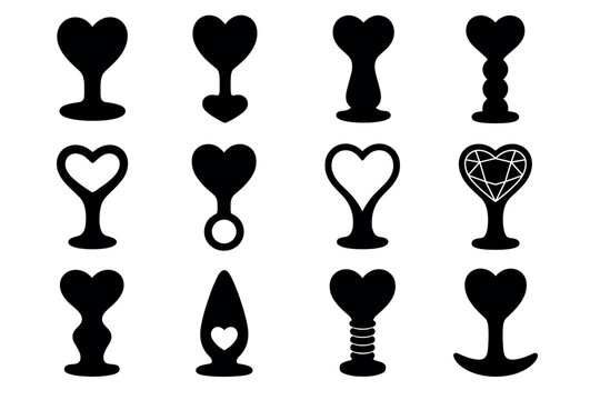 Heart shaped butt plug silhouettes vector set of various adult sex toys with different bases and designs for romantic and intimate pleasure