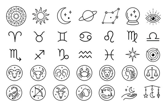 Astrology and zodiac line art icons set featuring celestial symbols like the sun moon planets stars and twelve horoscope signs for mystical design projects