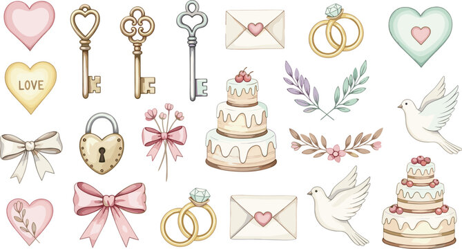 Romantic wedding and Valentine day celebration vector elements set featuring gold rings heart locks keys doves cakes and envelopes
