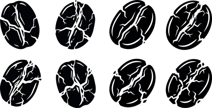 Roasted coffee beans set vector illustration with caffeine beverage ingredient silhouette