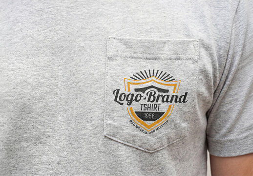 Close-up on Grey T-Shirt Pocket with Printed Logo Mockup