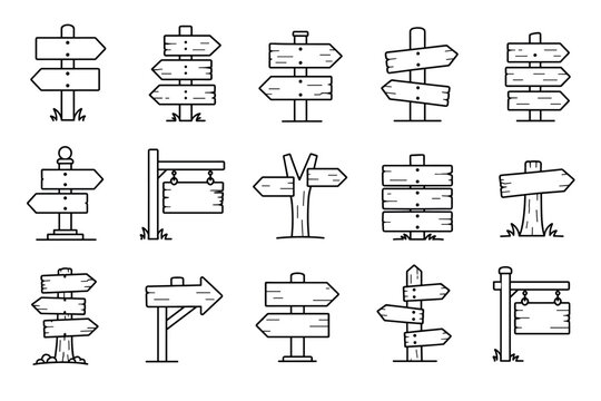 Wooden signpost icons and directional arrow boards in a hand-drawn doodle style featuring various rustic guideposts, hanging wooden plaques, and multi-directional pointers for navigation