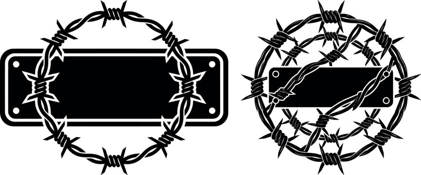 Barbed wire frames and banners set for warning signs with security boundary restriction metalwork