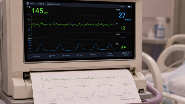 Close-up of a cardiotocography monitor screen in a labor ward displaying fetal heart rate tracing and uterine contraction