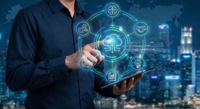 digital transformation and cloud computing strategy with businessman using tablet to manage innovative workflow. virtual interface showing ai, partnership, and operational gears for strategic growth.

