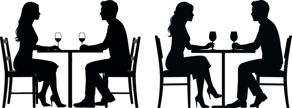 Silhouette set of couples dining at restaurant tables drinking wine with silhouette, restaurant