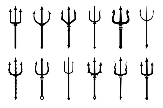 Black trident silhouettes of Poseidon and Neptune representing a collection of mythological sea god spears and devil pitchfork icons for graphic design elements