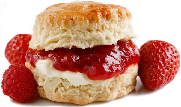 Isolated fresh cream scone with strawberry jam