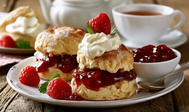 Fresh scones with cream and raspberry jam