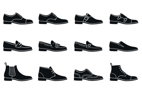Classic men's footwear and elegant shoe icons including oxford, derby, loafer, monk strap, chelsea boot, chukka boot, and brogue styles in black silhouette design