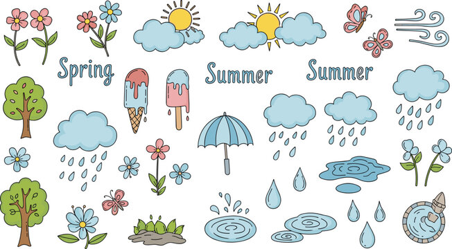 Spring and summer weather vector elements set featuring rain clouds sun puddles umbrella flowers trees and ice cream