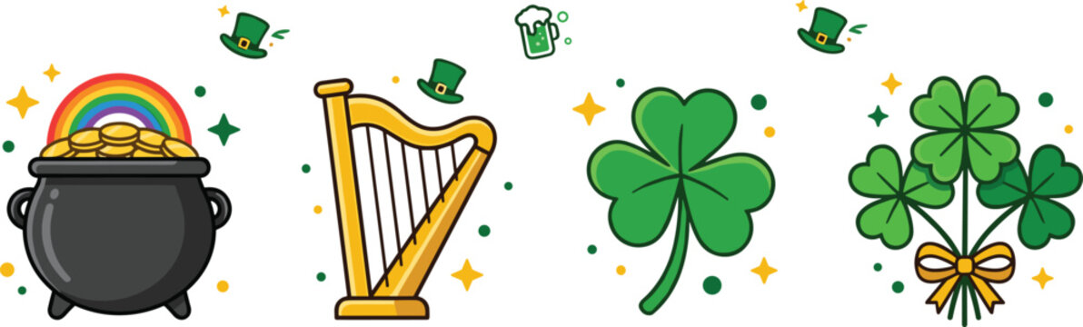 Saint Patrick's Day lucky symbols collection with shamrocks harp pot of gold and Irish festive elements vector set