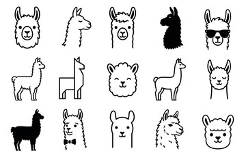Naklejka premium Llama and alpaca vector line icon set featuring cute cartoon characters, silhouettes, and geometric designs of South American camelids for creative graphic design projects