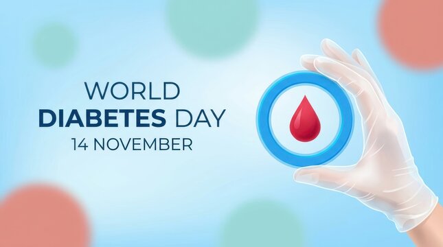 World diabetes day illustration featuring gloved hand holding glowing blue circular frame with red blood drop inside.