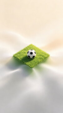 Minimalist Soccer Ball on Floating Grass Cube, Soft Warm Light & Misty Background &ndash; For Creative Sports & Minimal Football Concept Design