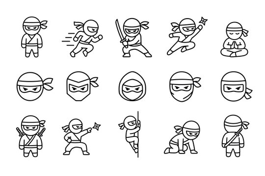 Ninja vector line icons set featuring different poses and actions like running, jumping, throwing shuriken, meditating, and climbing for game design and web graphics