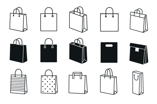 Shopping bag icons in various vector styles featuring paper gift bags with handles and patterns for retail commerce and online store packaging design