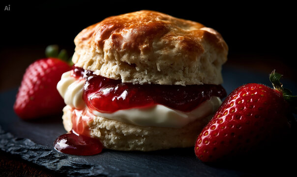 Fresh scone with cream and strawberry