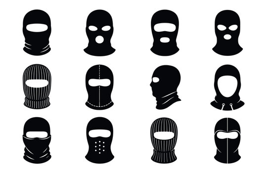 Balaclava ski mask vector icons set representing various styles of tactical face covers, winter headwear, robber masks, and ninja gear for security and outdoor sports