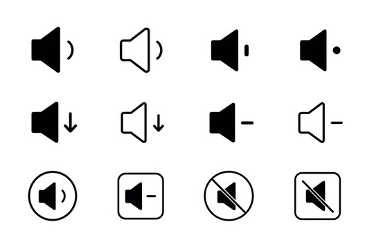 Volume control speaker icons set for interface design, featuring various sound levels, mute options, and audio adjustment symbols