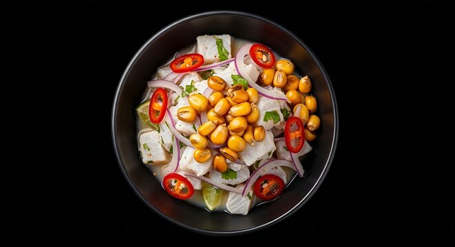 Peruvian Ceviche Mixto served in a dark shallow ceramic bowl over a solid black background, bright white cured fish cubes, vibrant red sliced rocoto chili, and large golden-orange cancha toasted corn 
