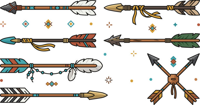 Tribal boho arrow collection with feathers and native decorative elements isolated hand drawn vector illustration set