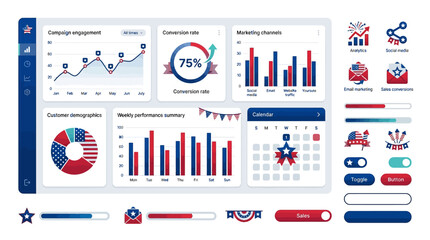 Infographic elements, business charts, graphs, icons, USA colors isolated on White Background 4th july, editable vector © Md Shaikh Farid