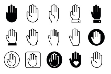 Fototapeta premium Hand and palm gesture icons featuring various styles of open palms, stop signs, high five symbols, and a hand with a heart, ideal for user interface design
