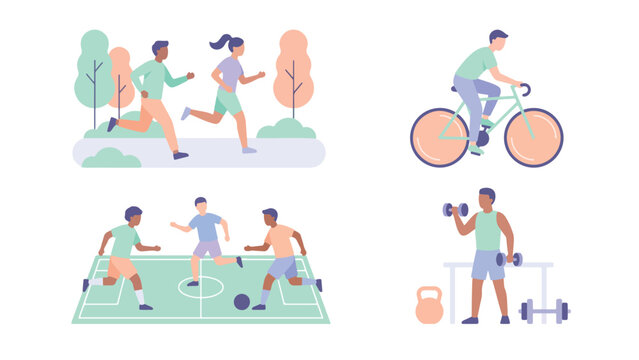 Flat character collection of football cycling running and weightlifting