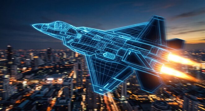 Futuristic wireframe fighter jet flying over cityscape at night with glowing engine thrusters representing advanced aerospace technology