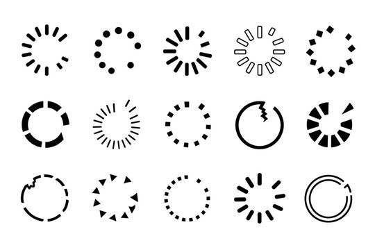 Circular loading icons and progress indicator symbols in a minimalist black vector set for user interface design, buffering, and digital application preloaders