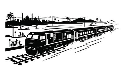 Train traveling through desert landscape engraving. © Sahabat