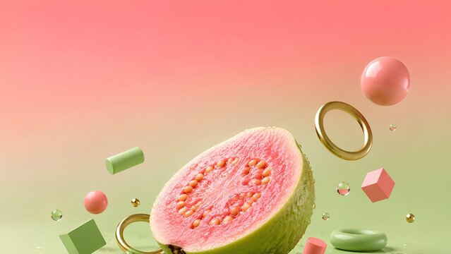 水滴のついたグアバと浮遊する幾何学的な装飾 / Guava with water drops and floating geometric decorations (Generative AI)