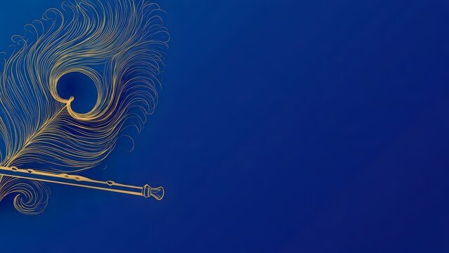 Gold peacock feather and bansuri flute illustration on blue background