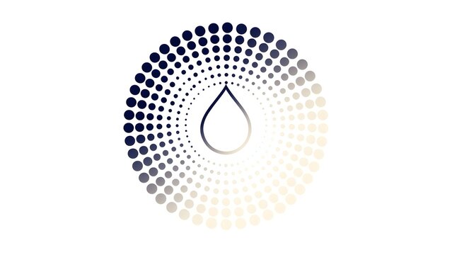 Modern droplet logo vector illustration with concentric dot particles array symbol of water technology serum hydration digital data science and circular ecosystem concept design