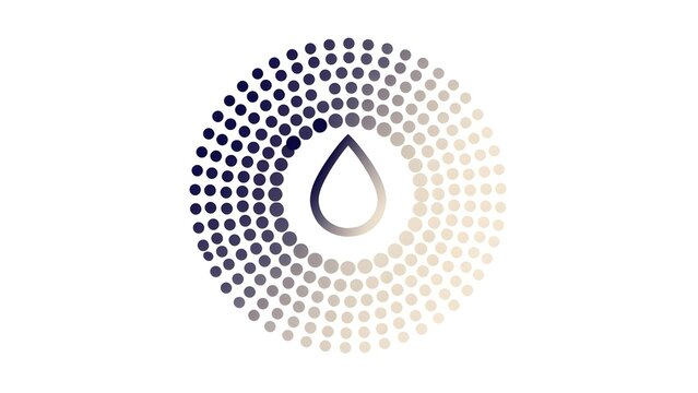 Modern droplet logo vector illustration with concentric dot particles array symbol of water technology serum hydration digital data science and circular ecosystem concept design