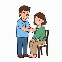 Fototapeta premium A cartoon illustration of a male doctor using a stethoscope on a seated female patient with a green shirt and brown hair, set against a plain white background. Perfect for healthcare
