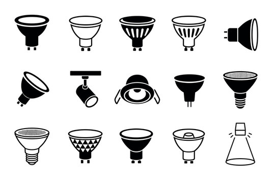 GU10 and MR16 LED spotlight bulb icons set representing various modern energy efficient halogen and downlight lamp designs for interior lighting systems