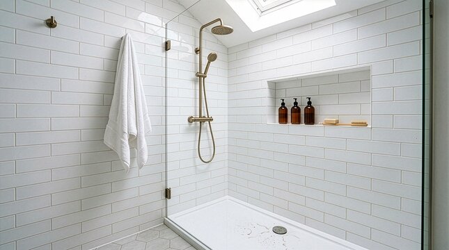 Modern bathroom white tiled shower gold brass tap timber stone benchtop vanity grey towels small space attic slanted roof tiled wall elegant natural light renovation new