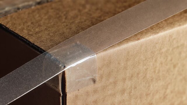 Detailed close-up of clear packing tape sealing a cardboard box corner, emphasizing secure shipping and delivery preparation, symbolizing logistics and e-commerce