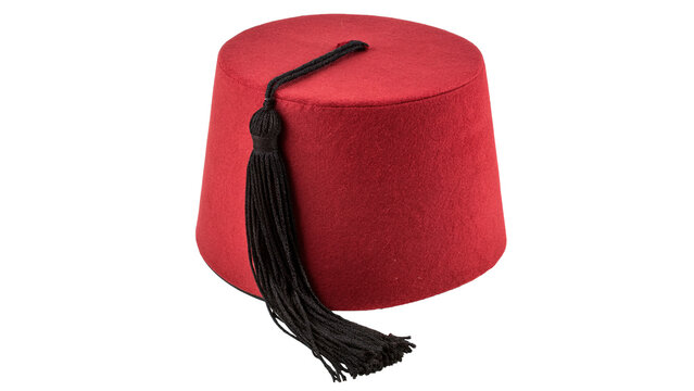 Traditional red felt fez hat with a black tassel isolated on transparent background cut out
