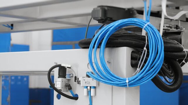 Close-up of pneumatic hoses, electrical wiring and automation components installed on industrial production equipment. Modern manufacturing and factory engineering systems.