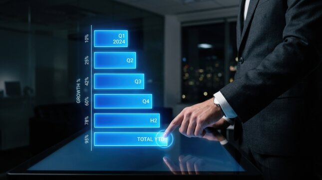 Professional hand interacting with illuminated vertical bar graph Capability maturity modeling offers a clear snapshot