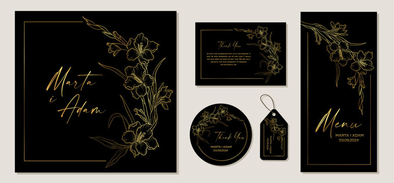 Set of black wedding invitation cards with gold flowers lily and floral elements. Vector illustration
