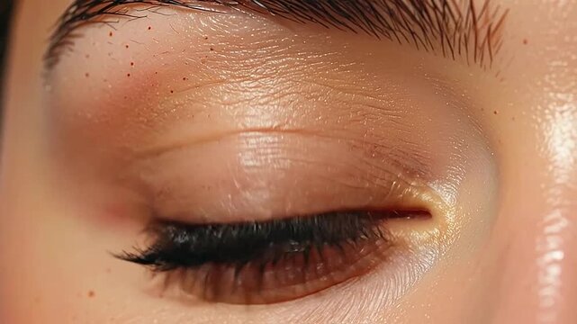 A detailed close up view of a human eye with brown iris