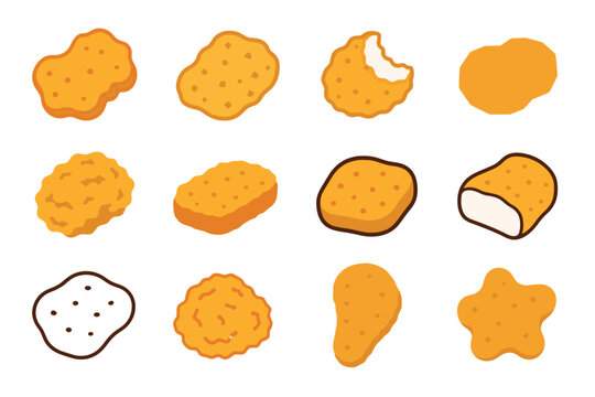 Chicken nuggets vector illustration icon set showing various shapes and styles of crispy fried chicken snacks including bitten star shaped and outlined designs for fast food menu graphics