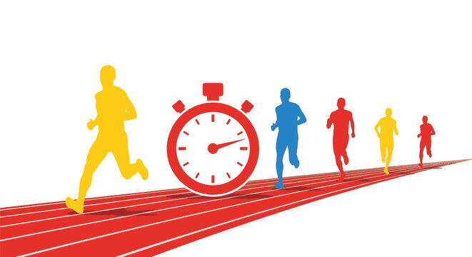 Colorful silhouettes of runners on a red athletic track with a large stopwatch icon. Graphic vector illustration of athletes competing and timing performance against a white background.