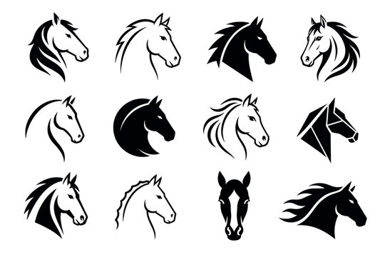 Horse head vector logo icon set collection of minimalist black and white stallion silhouettes, mustang profiles, and equestrian graphic design elements for branding